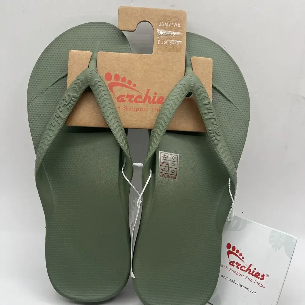 Archies Flip Flops Sandals Unisex Olive Green Arch Support Sz US M 7 W 8 NWT